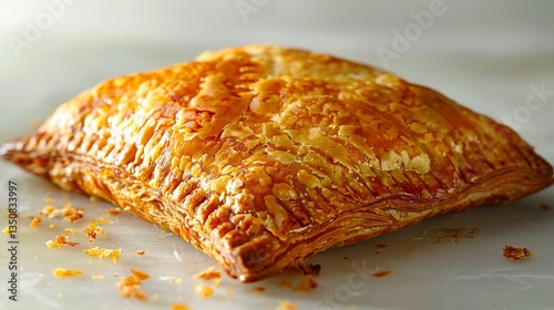 Jamaican beef patty golden flaky crust placed diagonally on a white surface full view shot