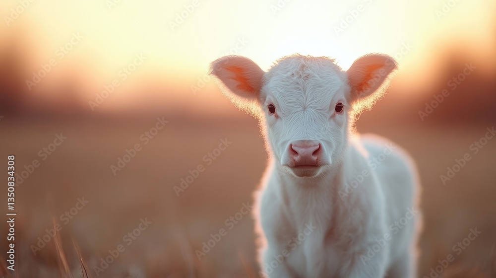 Fototapeta premium A small, white calf in golden sunset light