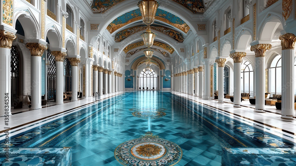 Obraz premium Opulent indoor swimming pool with luxurious architecture and vibrant decorative elements in grand hall