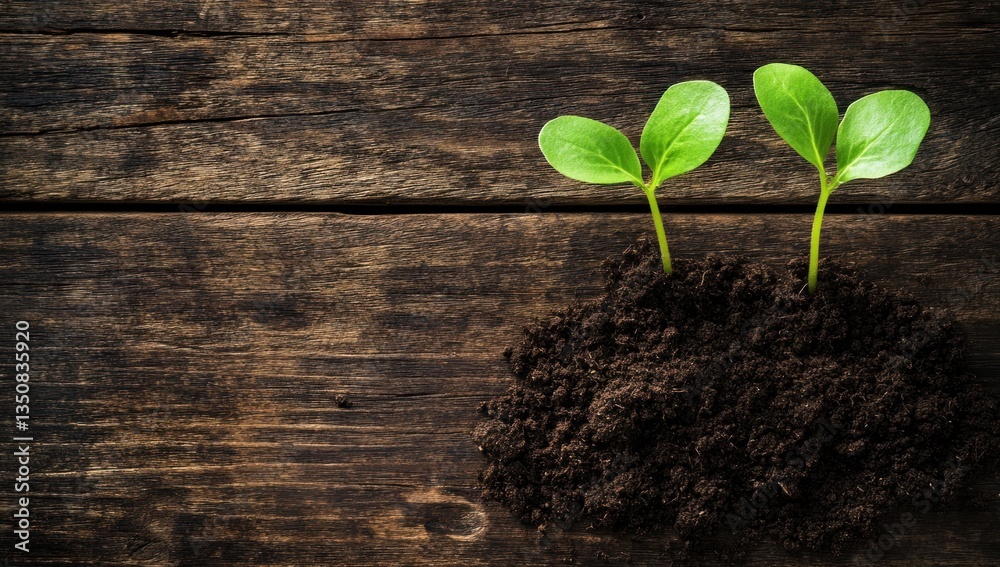 Naklejka premium Fresh sprouts growing in soil on rustic wood