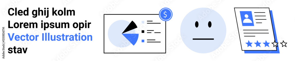 Pie chart report with money icon, neutral face, profile card with 4-star rating. Ideal for data evaluation, survey results, user ratings, analytics, feedback processing, financial overview simple Pie chart report with money icon, neutral face, profile card with 4-star rating. Ideal for data evaluation, survey results, user ratings, analytics, feedback processing, financial overview simple