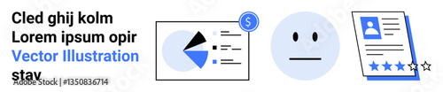 Pie chart report with money icon, neutral face, profile card with 4-star rating. Ideal for data evaluation, survey results, user ratings, analytics, feedback processing, financial overview simple