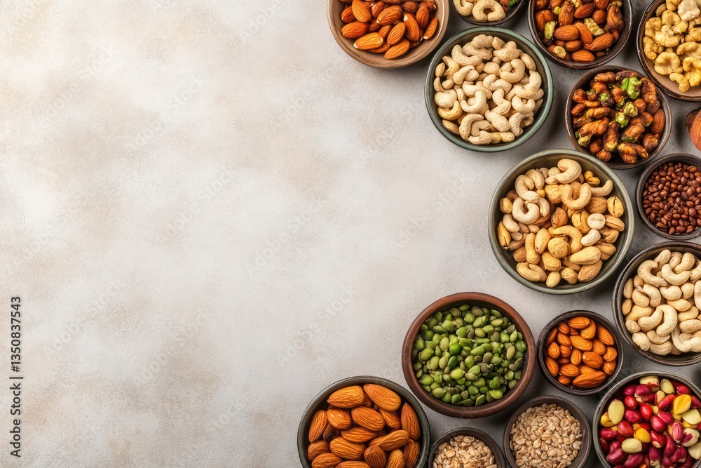 Assorted nuts and seeds in bowls, overhead shot. Food photography for recipe blogs, websites, or packaging Assorted nuts and seeds in bowls, overhead shot. Food photography for recipe blogs, websites, or packaging
