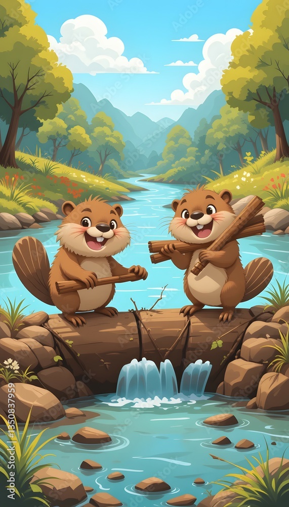 Naklejka premium Cute Beavers Building a Dam Together - Illustration of two cute cartoon beavers working together to build a dam in a river