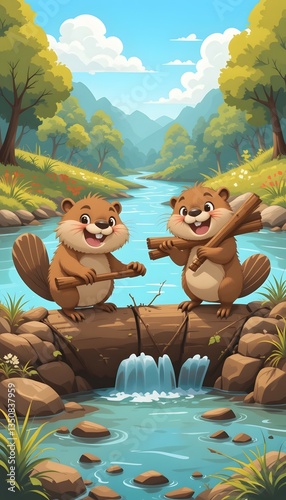Cute Beavers Building a Dam Together - Illustration of two cute cartoon beavers working together to build a dam in a river
