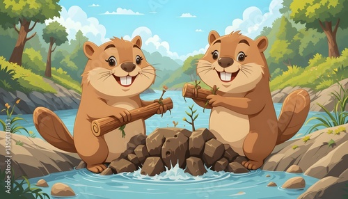 Cute Beavers Building a Dam Together - Illustration of two cute cartoon beavers working together to build a dam in a river