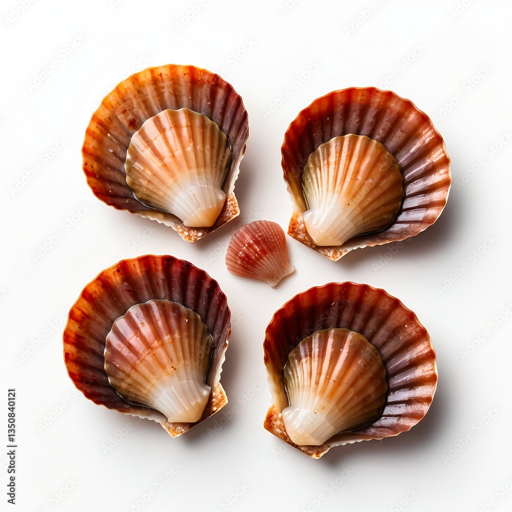 Four Scallop Shells and One Small Shell on White Background Four Scallop Shells and One Small Shell on White Background