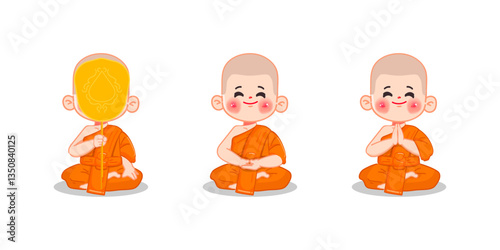 Cute Cartoon character of Buddhist monk. illustration vector premium.
