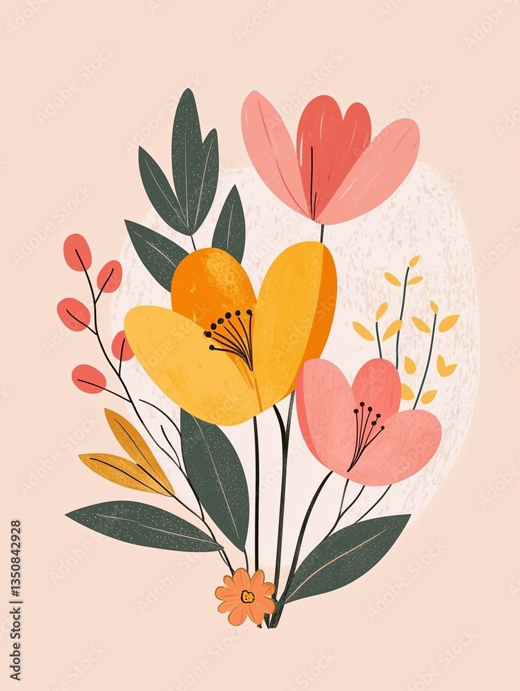 Stylized floral illustration with yellow and pink flowers – greeting card design Stylized floral illustration with yellow and pink flowers – greeting card design
