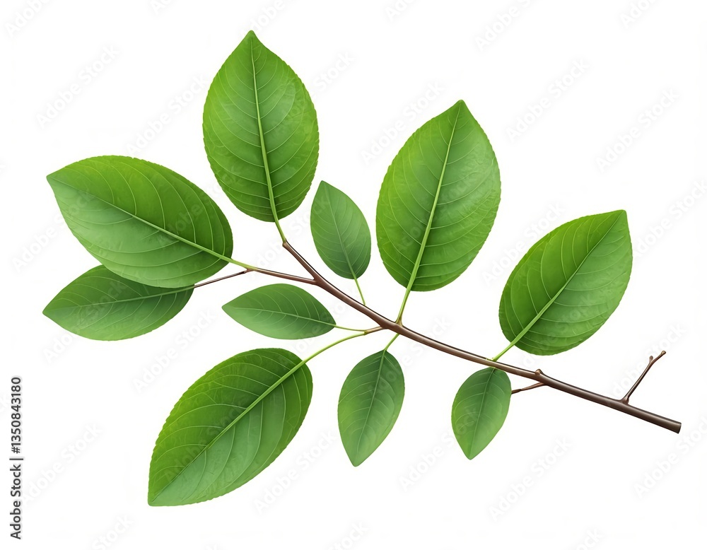 Green Branch with Lush Leaves Isolated on White Green Branch with Lush Leaves Isolated on White
