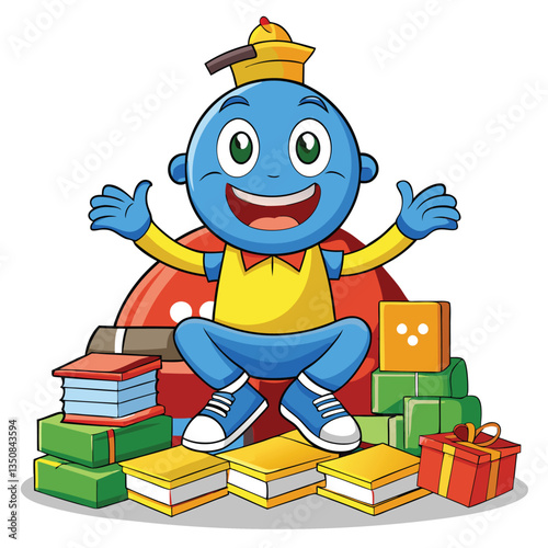 Happy character surrounded by books and gifts