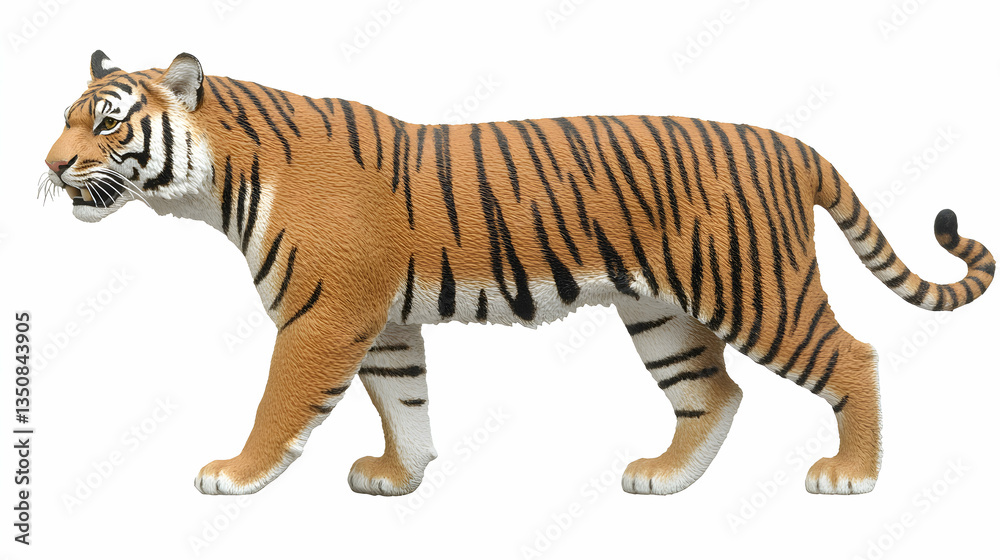 Obraz premium Majestic tiger in profile, walking, isolated on white background. Perfect for wildlife, nature, or zoological projects.