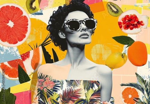 Summer Vacation Retro Collage of Modern Woman with Fruits, Vibrant Pop Art and Fashion Style 
