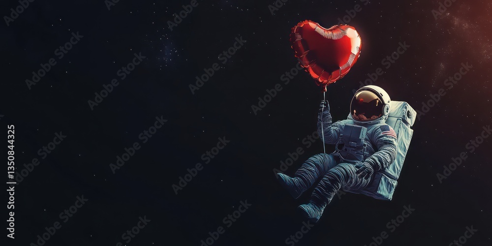Astronaut floats in space, holding heart balloon, stars background; Valentine's Day Astronaut floats in space, holding heart balloon, stars background; Valentine's Day