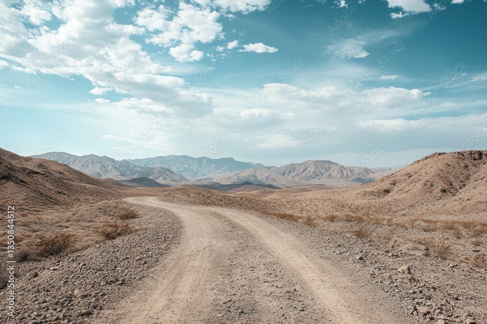 A winding dirt road traverses a desert landscape under a cloudy sky A winding dirt road traverses a desert landscape under a cloudy sky