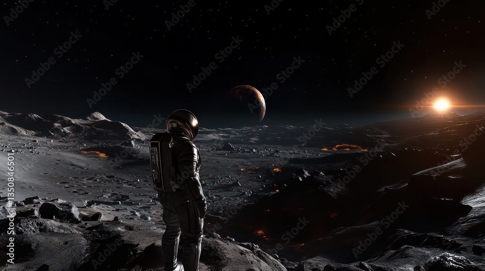 Obraz premium Astronaut on alien planet, sunrise, volcanic landscape, space exploration