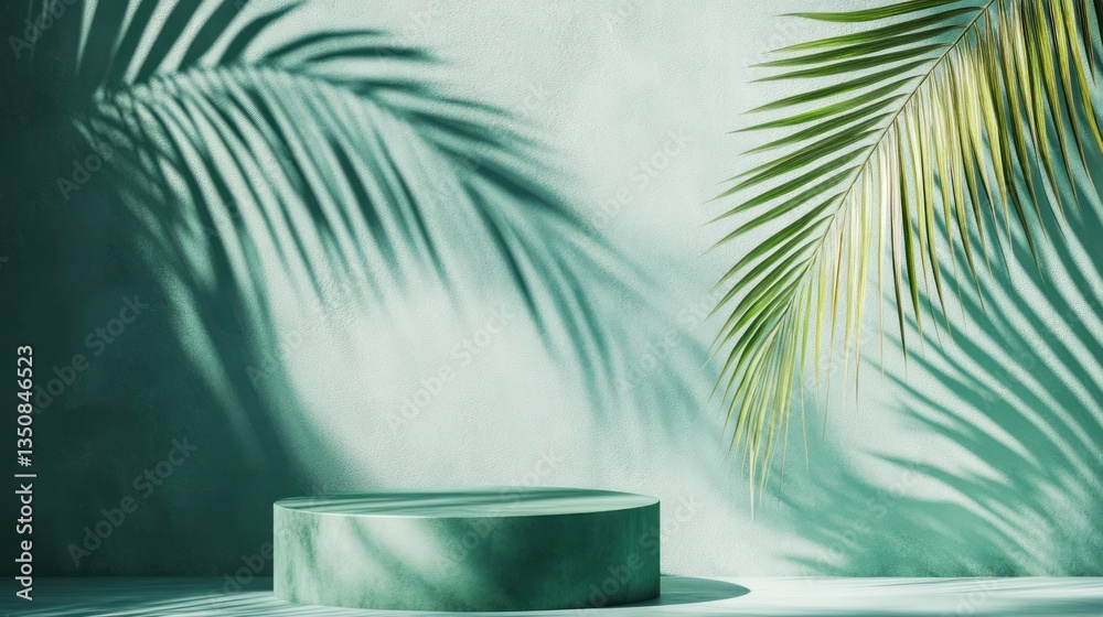 Minimalist product display podium with palm shadows