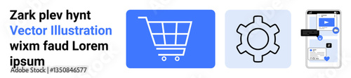 Shopping cart, settings gear, and a mobile phone with app UI elements. Ideal for e-commerce, app development, online services, digital marketing, tech setups, process improvement simple landing page