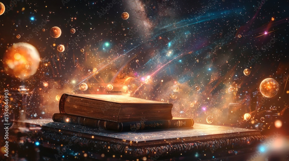 Fototapeta premium Cosmic Journey Through Time and Space with Ancient Open Book