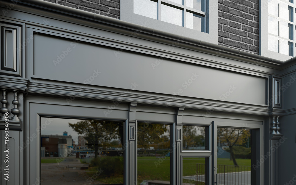 Storefront with black brick walls and windows reflecting a lively street scene, suitable for urbanthemed designs and architecture concepts. Storefront with black brick walls and windows reflecting a lively street scene, suitable for urbanthemed designs and architecture concepts.