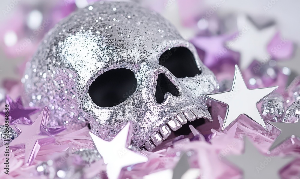 Naklejka premium Sparkling Silver Skull Decoration Surrounded by Purple Stars and Glittery Festive Elements for Halloween or Party Celebrations