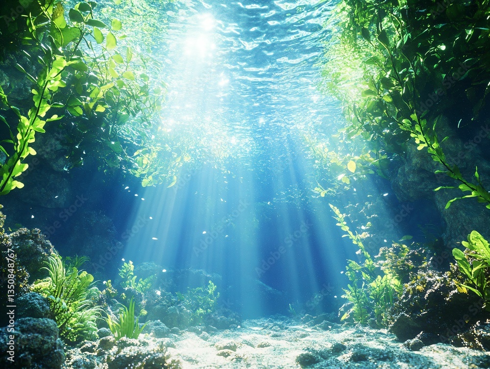 Obraz premium Captivating Underwater Scene with Sunlight and Vibrant Marine Plants