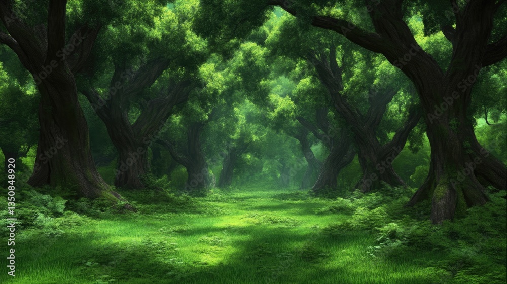 Fototapeta premium Lush green forest path winding through ancient trees with dense foliage under soft filtered sunlight.
