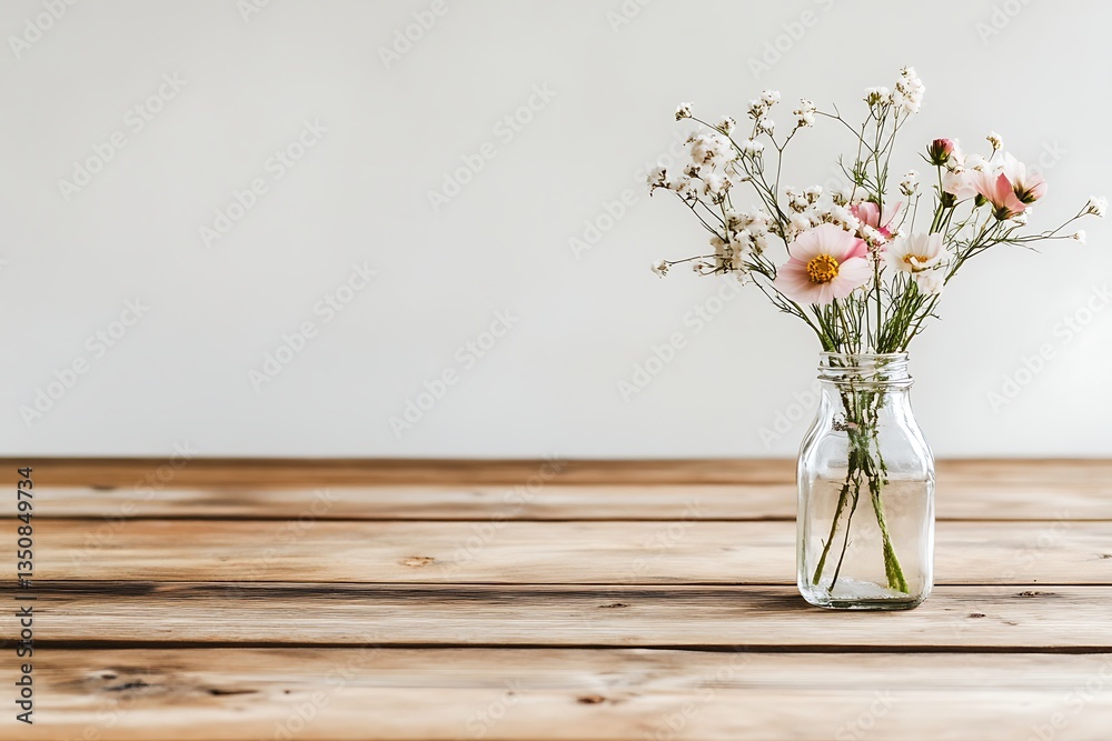 Rustic Wooden Table with Delicate Wildflower Bouquet in Glass Vase Rustic Wooden Table with Delicate Wildflower Bouquet in Glass Vase