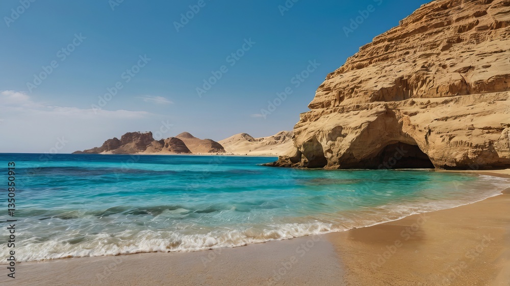A stunning beach scene showcasing golden sands and turquoise waters against a rocky coastline.