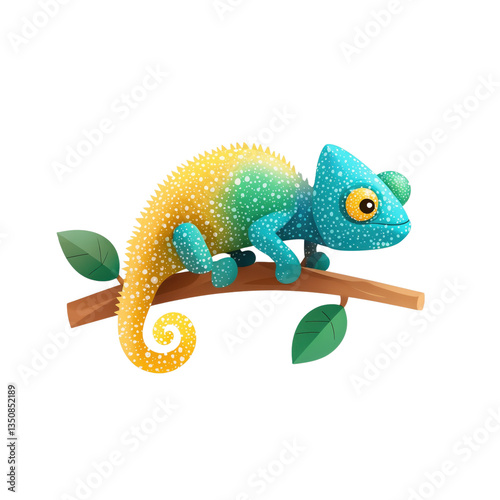A vibrant chameleon perched on a branch showcases its stunning hues of blue, green, and yellow while leaves surround it creating a lively forest scene full of life.