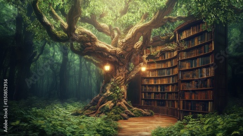Fototapeta Naklejka Na Ścianę i Meble -  Magical library in a mystical forest