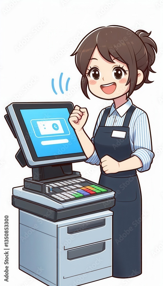 Cashier action at retail store cartoon character digital checkout environment friendly vibe Cashier action at retail store cartoon character digital checkout environment friendly vibe