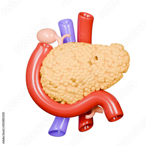 3D pancreas model for medical illustrations or educational resources in biology, healthcare, medical research, and scientific presentations for various audiences.