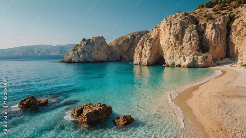 Fototapeta premium Breathtaking view of a serene beach with turquoise waters and rocky cliffs under a clear blue sky.
