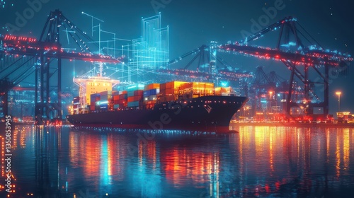 Night cargo ship port city digital overlay