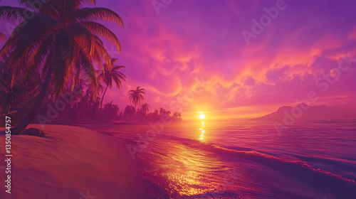 Majestic sunset over a serene beach creating a spectacular display of vibrant hues as sunlight dances on the calm ocean waters.