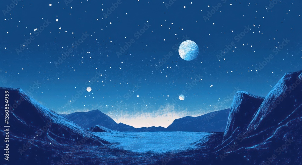 Fototapeta premium The beautiful night sky over the mountainous landscape shows planets