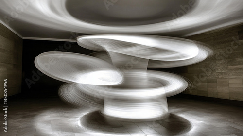Artistic sculpture displayed in a brightly lit room highlighting dynamic lines and creative form with an emphasis on artistic expression.