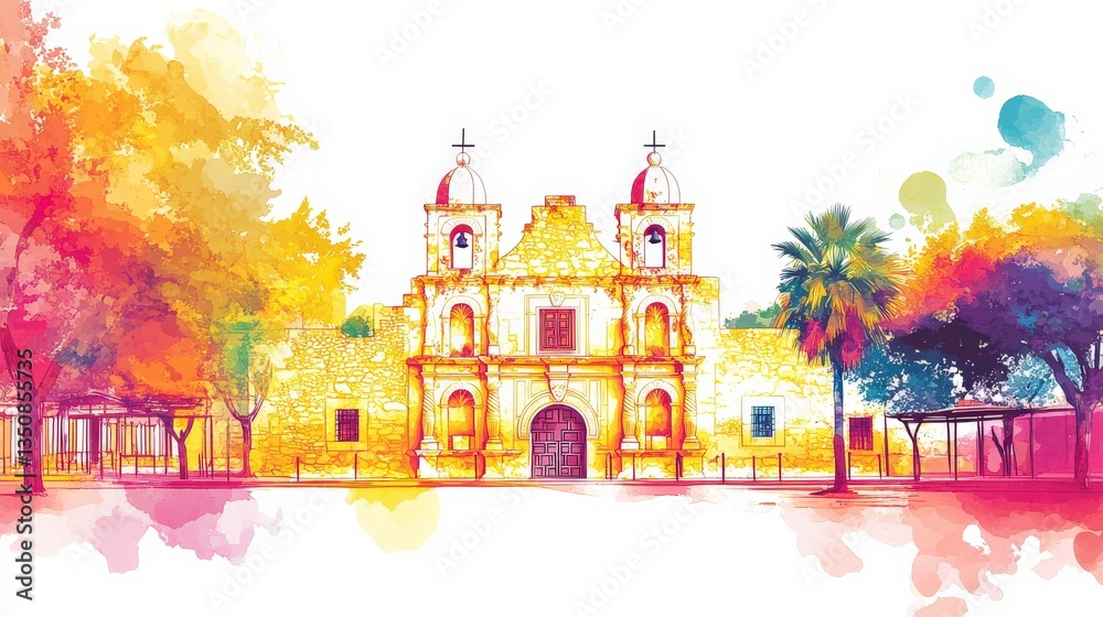 Naklejka premium Vibrant Alamo Mission Illustration on White Background