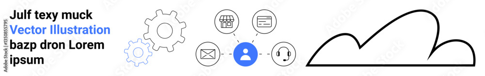 Gear, cloud, user icon connected with email, shopping cart, message, and file signifying interconnected systems. Ideal for technology, cloud apps, networking digital services communication SaaS Gear, cloud, user icon connected with email, shopping cart, message, and file signifying interconnected systems. Ideal for technology, cloud apps, networking digital services communication SaaS