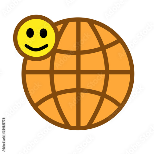 Global Happiness: A Smiling Face Orbiting a Bright Orange Globe