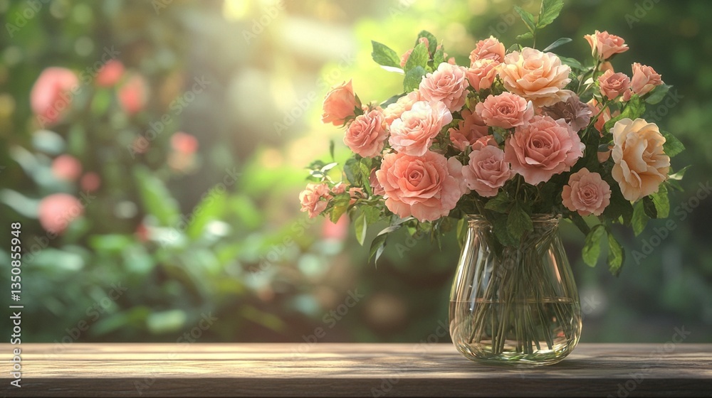 Fototapeta premium Peach Roses in Glass Vase