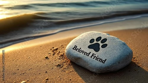 Beloved Friend's Memory: A serene scene of a sandy beach with a stone engraved with 