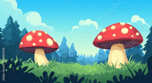 Wallpaper Mural Two large red mushrooms are surrounded by a whimsical forest scene Torontodigital.ca