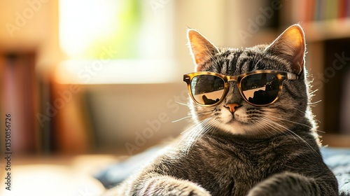 Cool Grey Tabby Cat Wearing Sunglasses Relaxing Indoors in Soft Sunlight