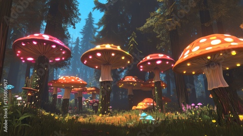 Magical forest with colorful mushrooms