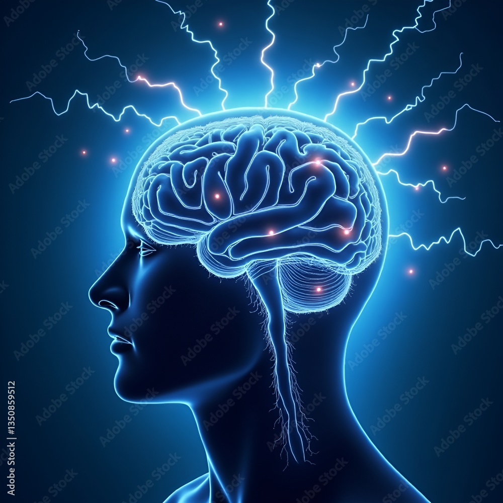 Human brain digital illustration. Electrical activity, flashes and lightning on a blue background. Digital Illustration of the Human Brain. Electrical Activity, Flashes, and Lightning on a Blue Backgr