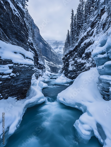 Photograph of the snowscape of a stream in a canyon in winter