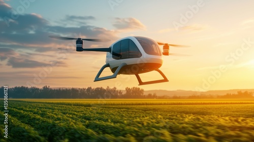 Flying drone over a field at sunset, showcasing advanced technology in transportation.