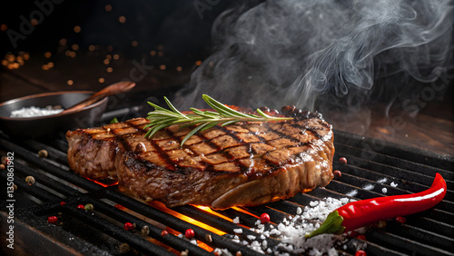 Grilled Steak With Herbs and Spices on a Barbecue  